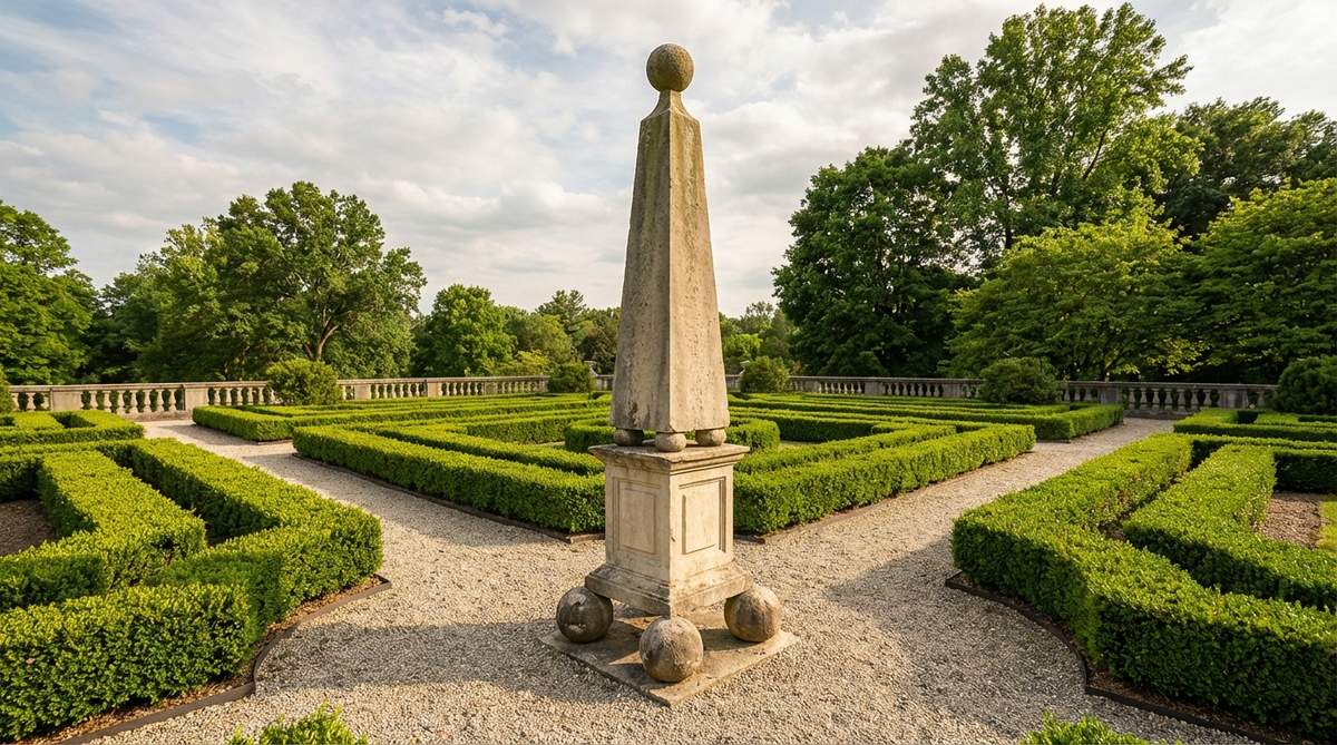 A hand-carved limestone obelisk with a spherical finial, tapered square shaft, and paneled base supported by four spheres, standing 6 feet tall in a formal garden with geometric hedges and axial paths.
