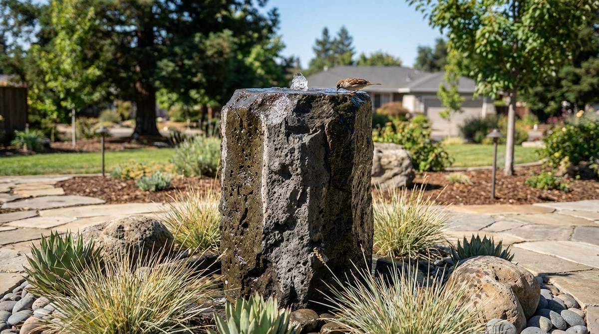 A dark gray volcanic basalt column fountain with natural pitting and textured sides, creating gentle bubbling water sounds as water flows from the top down the rough surface. Suitable for modern xeriscapes or traditional gardens, attracting birds for drinking and bathing.