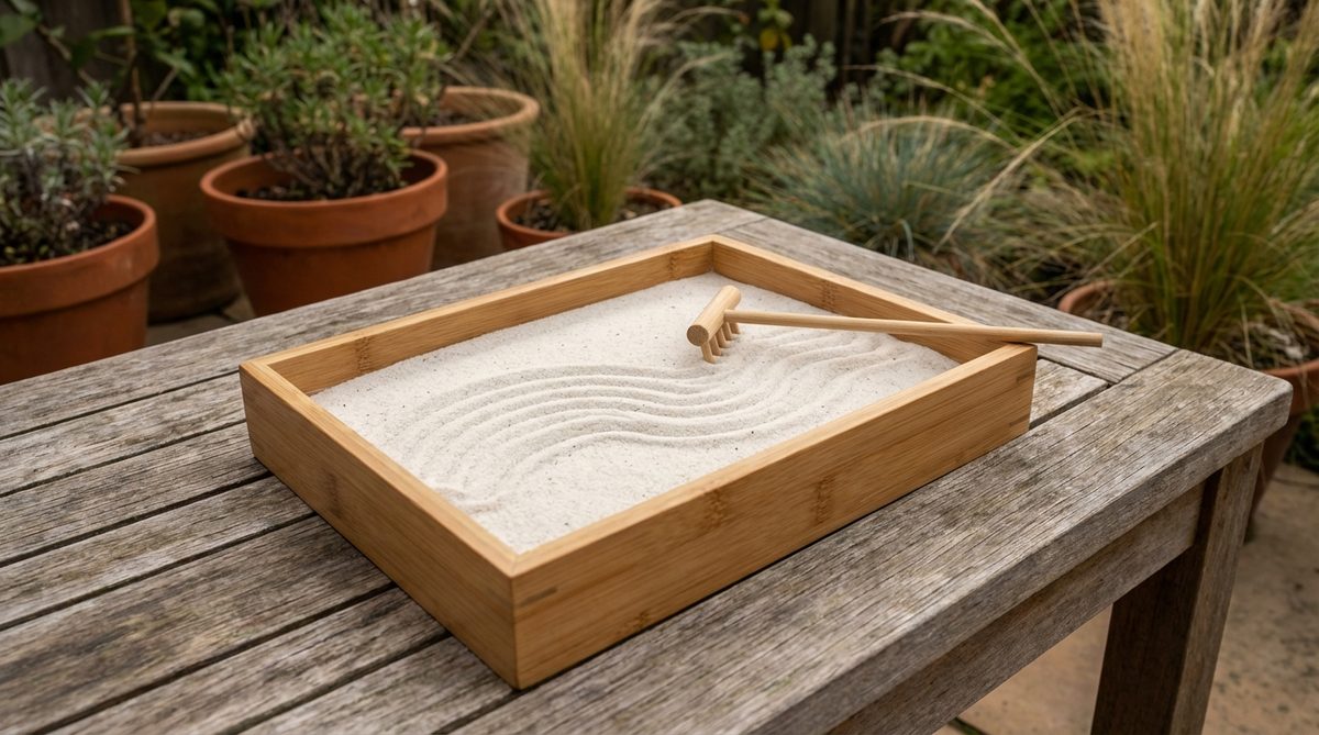 A simple bamboo tray filled with fine white sand, measuring 10x8 inches, used as a foundation for meditation. It includes a wooden rake for creating patterns that symbolize flowing water, offering portability for placement on desks or nightstands.