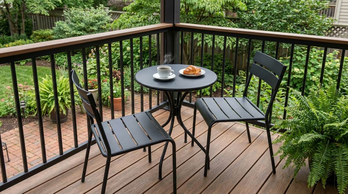 A compact two-chair bistro cafe set with a steel frame in a powder-coated finish, positioned near a balcony railing to maximize space and resist humidity, ideal for intimate dining or morning coffee in small outdoor areas.