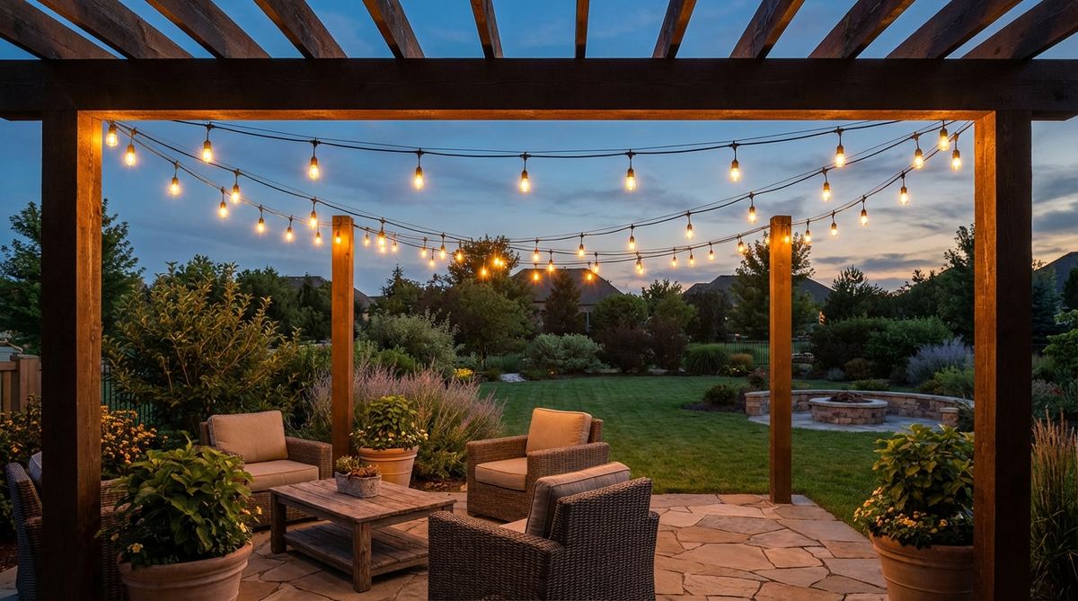 Edison-style bulbs arranged in a crisscross pattern for garden decor hanging. The zigzag configuration creates dramatic overhead geometry with warm LED lighting suitable for pergolas and outdoor seating areas.