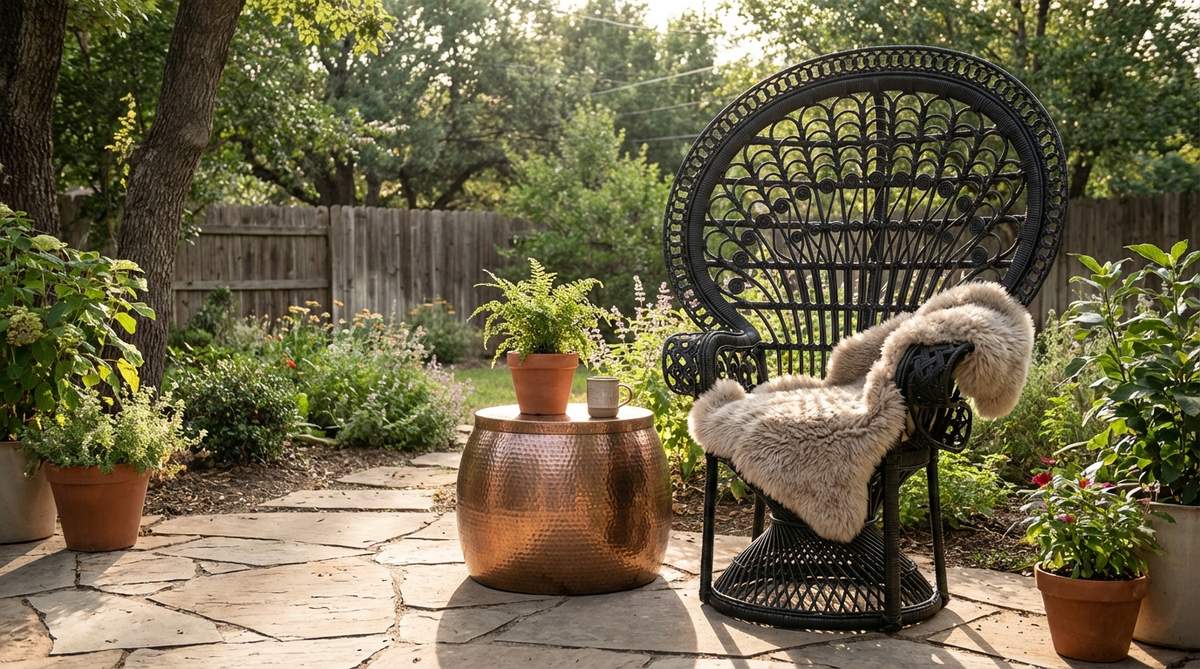 A black rattan peacock chair with a dramatic fan back, shown in a bohemian-inspired corner with a sheepskin throw and metallic side table. The dark finish highlights the intricate woven texture and creates beautiful shadow patterns, exemplifying moody sophistication in boho decor.