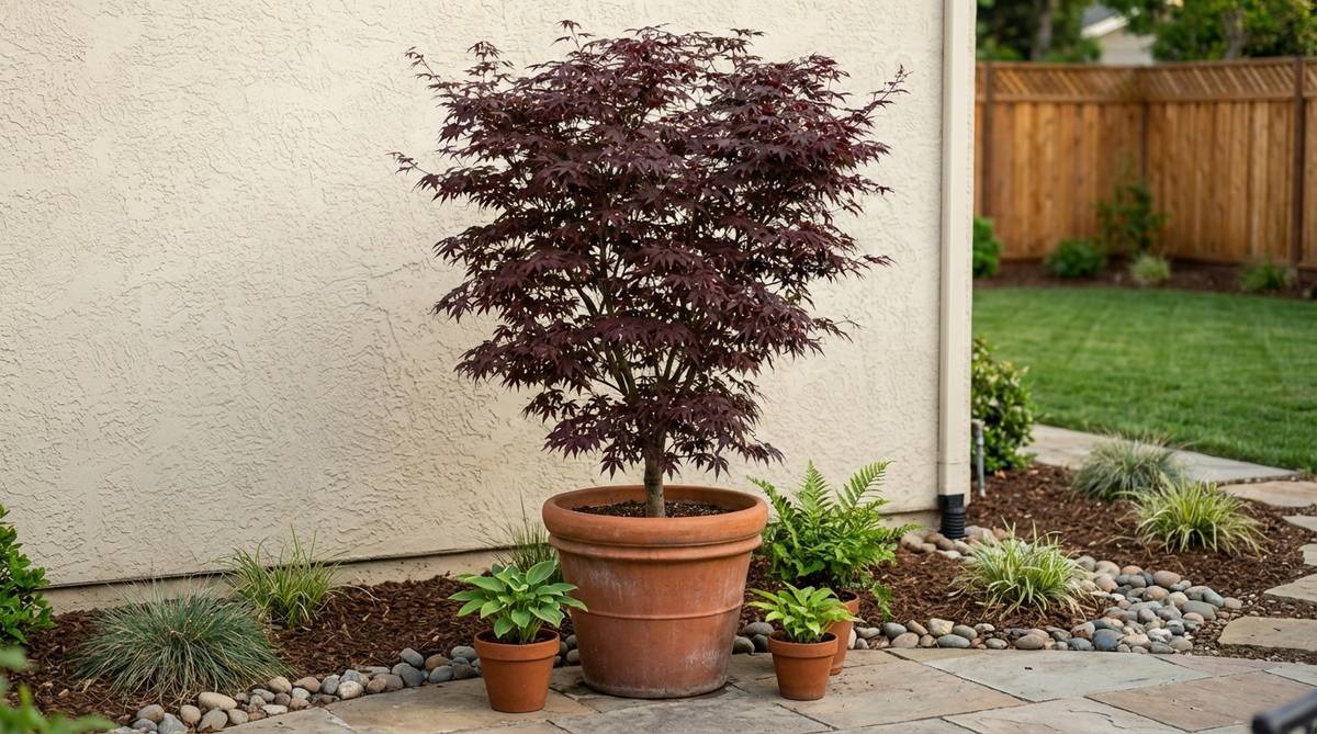 A Bloodgood Japanese Maple tree with deep burgundy leaves in a large pot, showcasing its upright vase form against a light-colored background, ideal for small gardens or urban balconies.