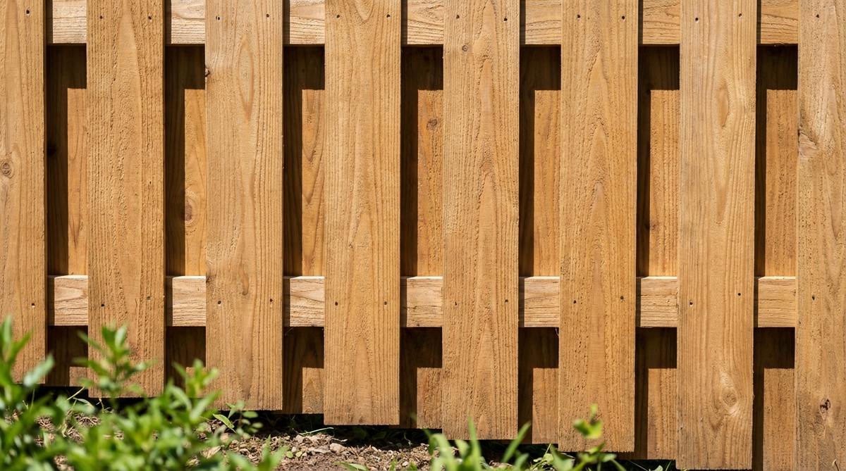 A close-up view of a board-on-board overlapping fence panel showing staggered vertical boards creating overlapping coverage with subtle shadow patterns. The construction uses rot-resistant cedar or pressure-treated pine with six-inch boards and one-inch overlap, providing privacy while maintaining airflow.