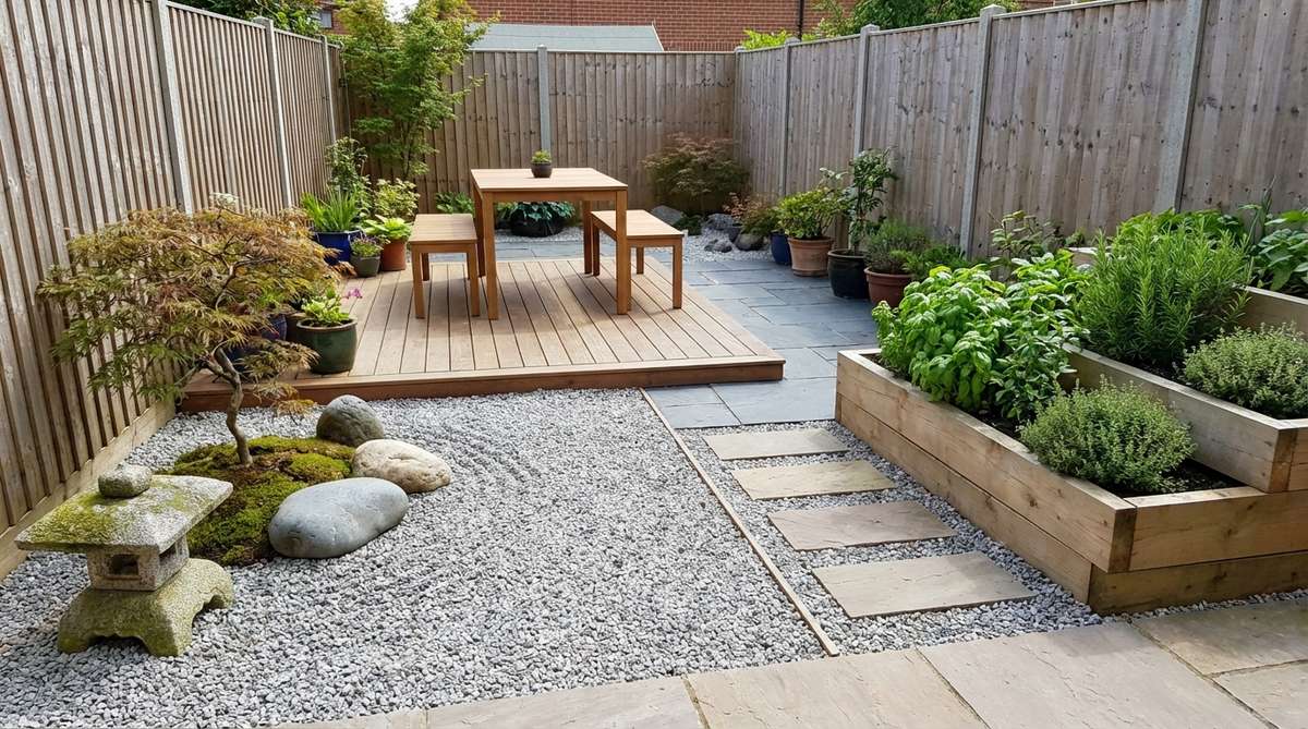 A Japanese-inspired small garden under 200 square feet, divided into distinct zones like a bento box, featuring a gravel meditation corner, timber-decked dining area, and raised herb bed, with material transitions creating boundaries for a spacious feel.