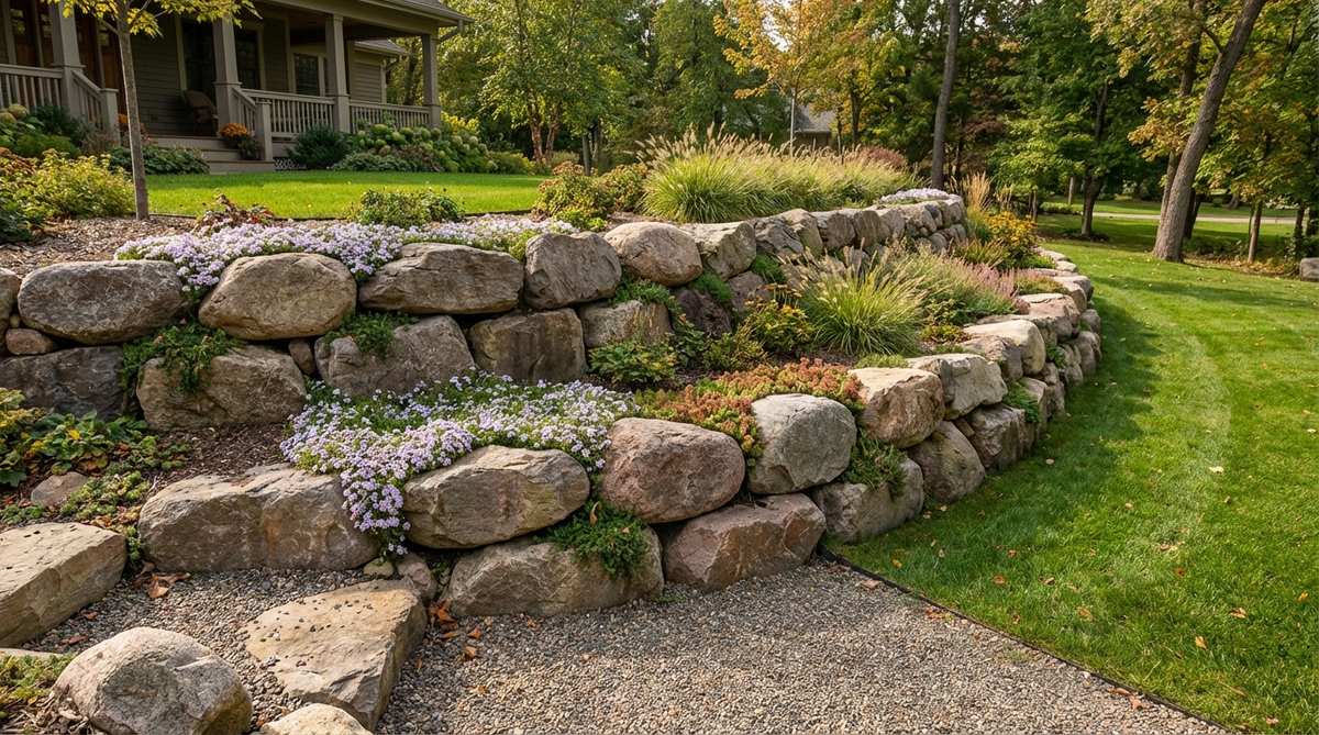 A rugged, mountain-inspired boulder retaining wall made from large fieldstone boulders stacked in tiered formations on a sloped property, with alpine plants and sedums softening the joints between stones to control erosion and create elevated planting beds.