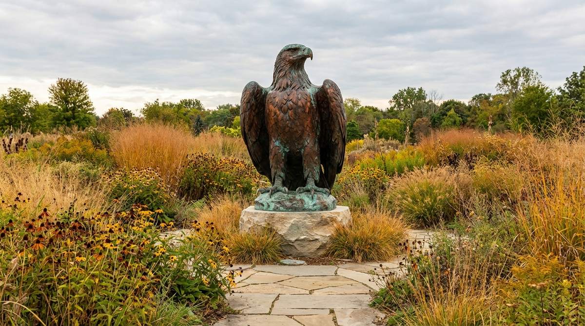 A detailed bronze eagle statue on a pedestal, showcasing intricate feather textures and a natural patina that transitions from copper to verdigris green. Positioned as a garden centerpiece among native grasses and prairie plants, it symbolizes American landscapes and withstands weather extremes.