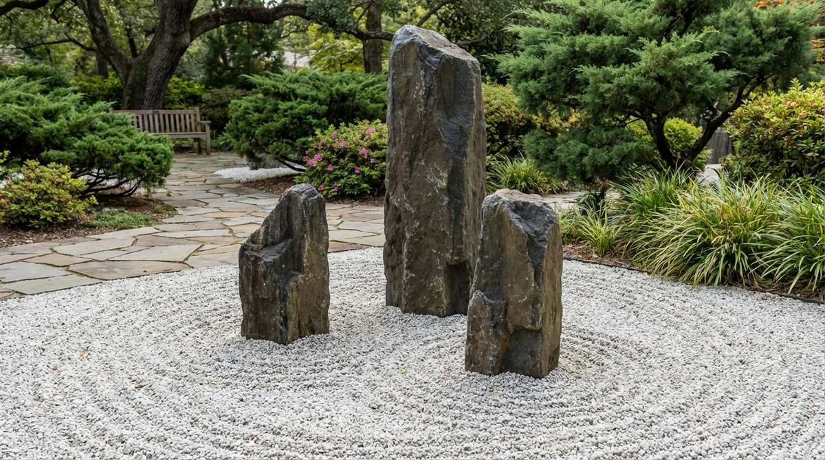 A classic Japanese stone garden arrangement featuring three vertical rocks representing Buddha and two attendants, with the tallest central stone set slightly back for depth, surrounded by white gravel raked in concentric circles to create visual tension and spiritual focus.