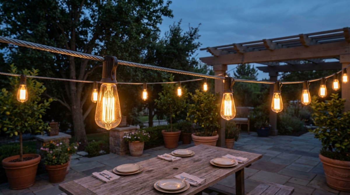 A close-up photo of Edison-style bulbs suspended on galvanized steel cables, creating warm 2700K lighting for outdoor dining areas, with bulbs spaced 18-24 inches apart to reduce glare and enhance ambiance.