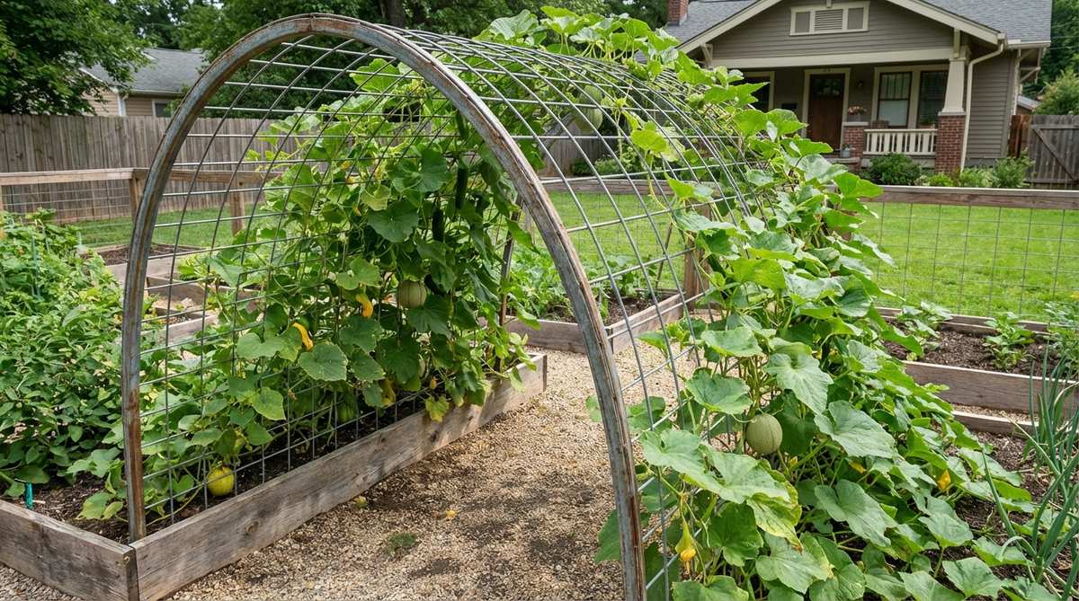 A galvanized livestock panel bent into a 6-foot-tall arch tunnel, used as a trellis for squash, melons, and cucumbers in a small garden. The 4-inch grid spacing supports climbing plants while the curved design allows fruit to hang freely underneath, improving air circulation and productivity.