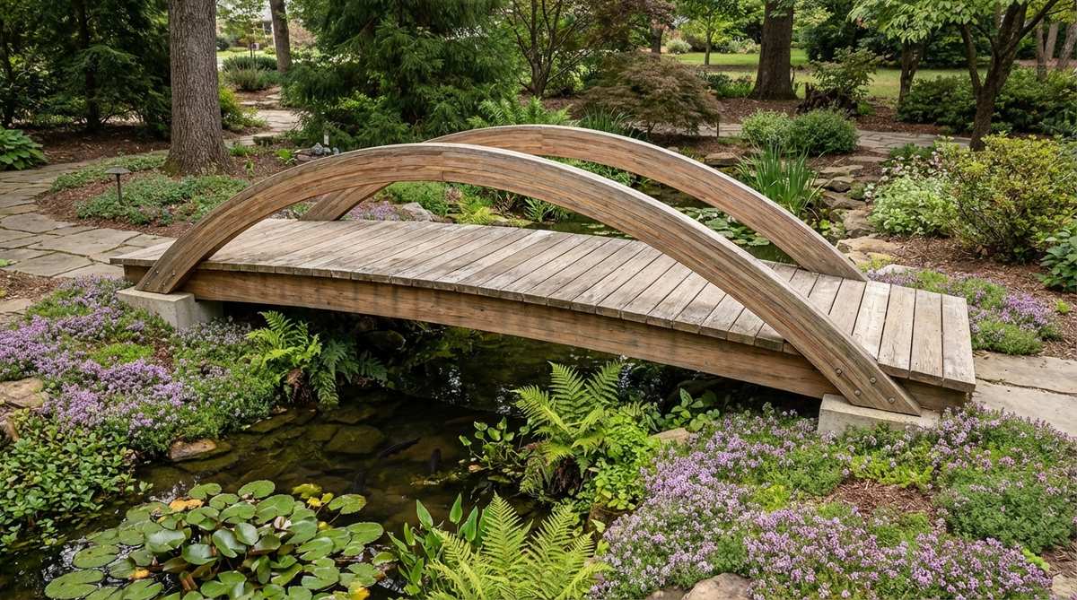 A cedar wood footbridge with double-arched stringers elevated 18-24 inches above a garden pond, creating clearance for aquatic plants and shade pockets for fish. The bridge is installed on concrete pier blocks with creeping thyme ground covers softening the approaches, ideal for moisture-resistant garden structures.