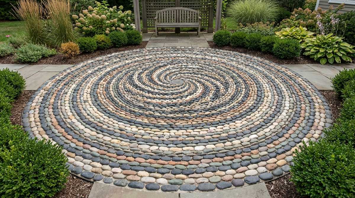 A detailed view of a stone garden mosaic featuring a centered spiral vortex pattern. The design radiates outward from a central point with concentric rings of pebbles arranged in tight formation, creating mesmerizing movement that draws the eye inward. Subtle color variations between rings enhance the vortex effect, with contrasting colors emphasizing depth and dimension. This pattern serves as an excellent focal point for circular garden spaces, complementing curved beds and round patio areas.