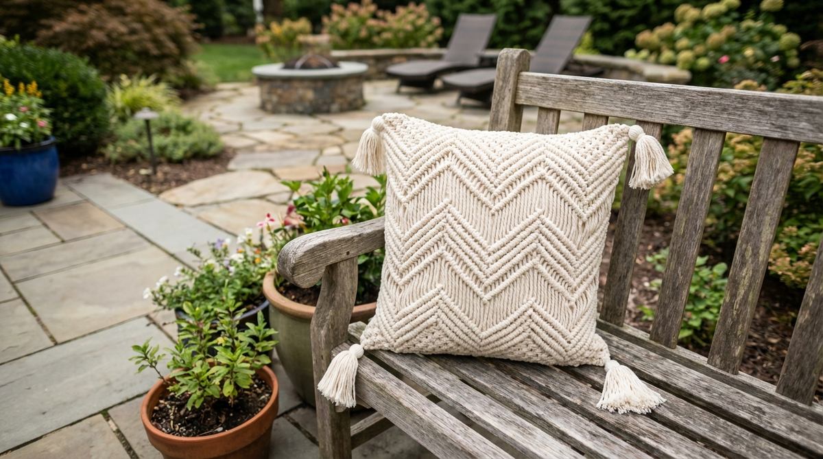 A handcrafted ivory macrame pillow featuring a geometric chevron pattern and four corner tassels, ideal for boho decor. Made from durable cotton, it withstands outdoor humidity while adding artisan texture to any space.