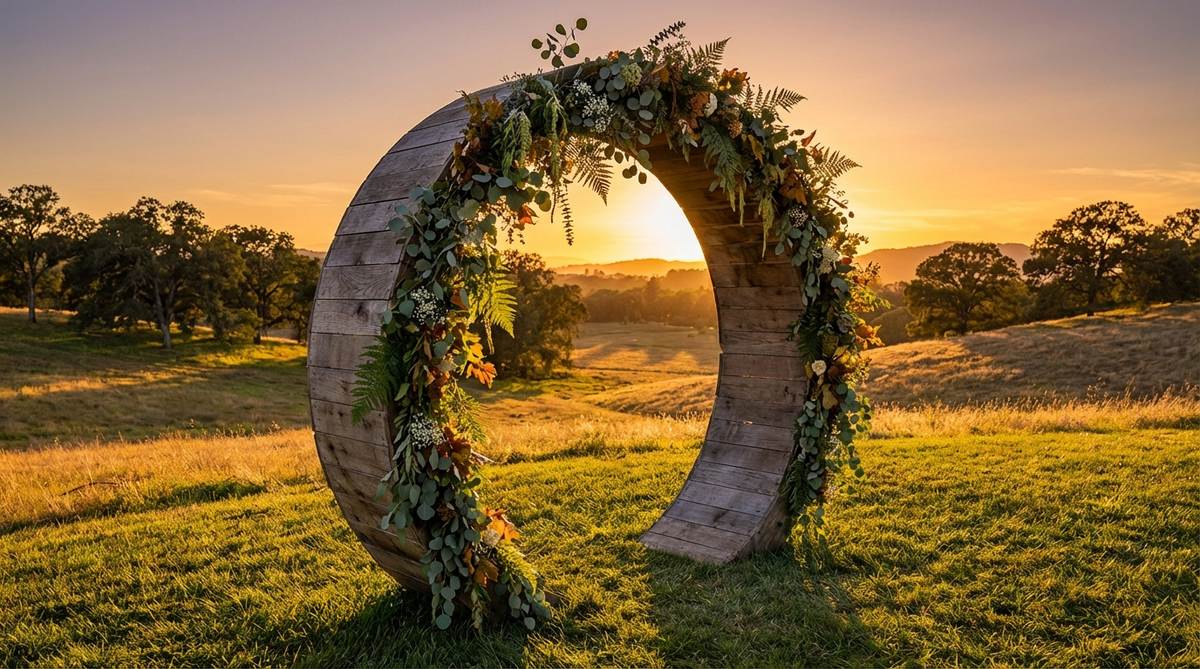 A circular moon gate structure symbolizing unity, measuring 7-8 feet in diameter, adorned with cascading greenery like eucalyptus, ferns, and seasonal foliage. Positioned to capture natural light during golden hour, it serves as a stunning ceremony backdrop and photo opportunity in open fields or clifftop venues.