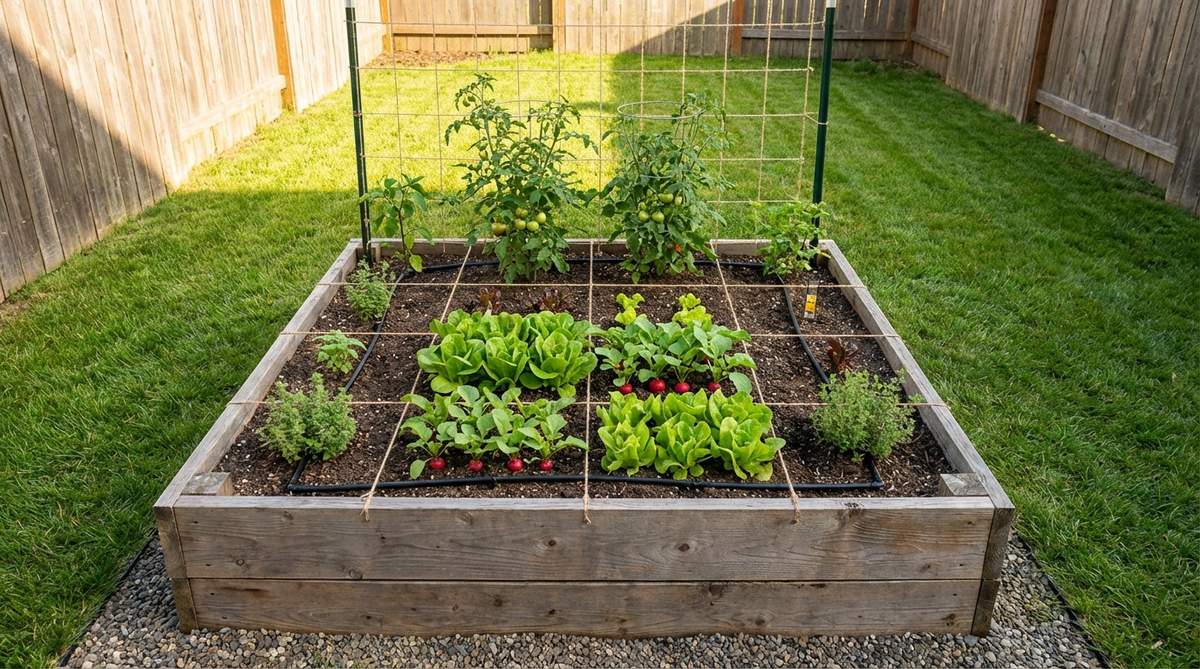 A detailed diagram of a classic 4x4 square foot grid layout for a mini garden bed, showing 16 individual planting squares with examples of crop placement including tomatoes, lettuce, and radishes. The illustration demonstrates how wooden slats or cord create permanent grid lines, optimal sunlight positioning with taller plants on the north side, and efficient irrigation zones to minimize water waste and prevent weeds.