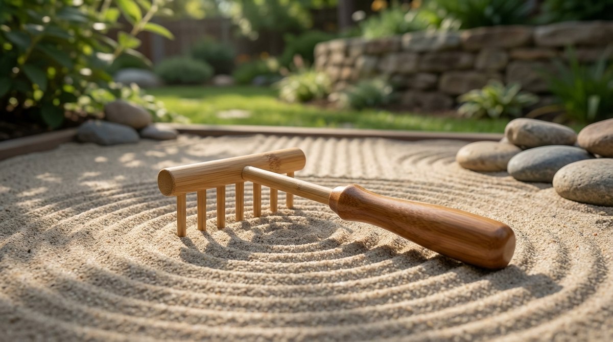 A compact hand-held bamboo rake, approximately 5-7 inches long with 5-7 evenly spaced tines, designed for creating detailed patterns like straight lines and concentric circles in Zen gardens. Features an ergonomic handle for comfortable use during extended raking sessions.