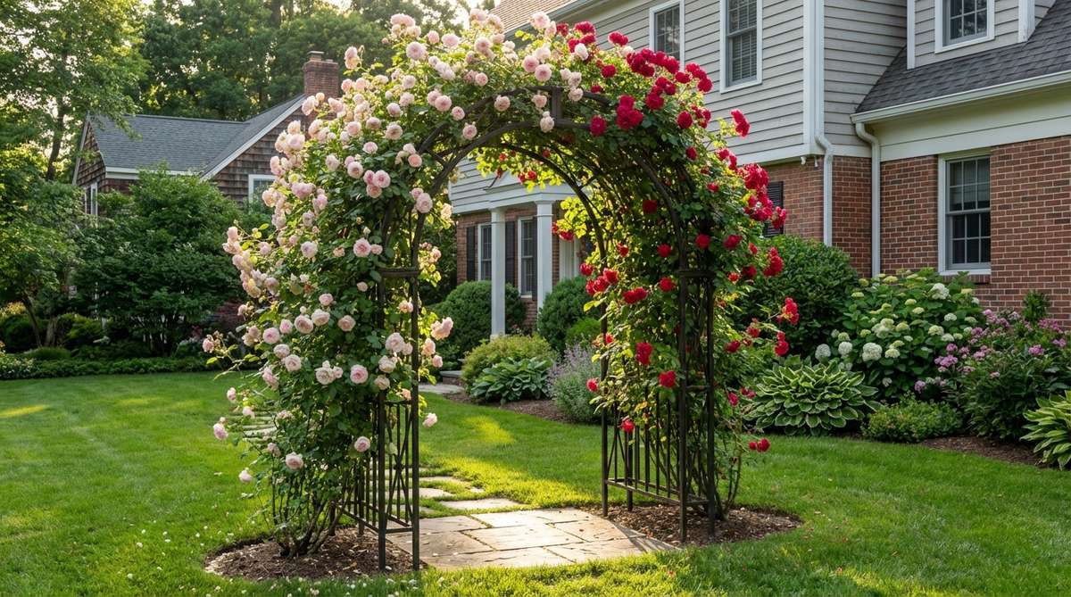 A traditional wrought iron or powder-coated steel arched arbor serving as an elegant garden entrance, supporting climbing roses like 'New Dawn' or 'Blaze' that weave through the metalwork, creating a fragrant focal point and functional passageway.