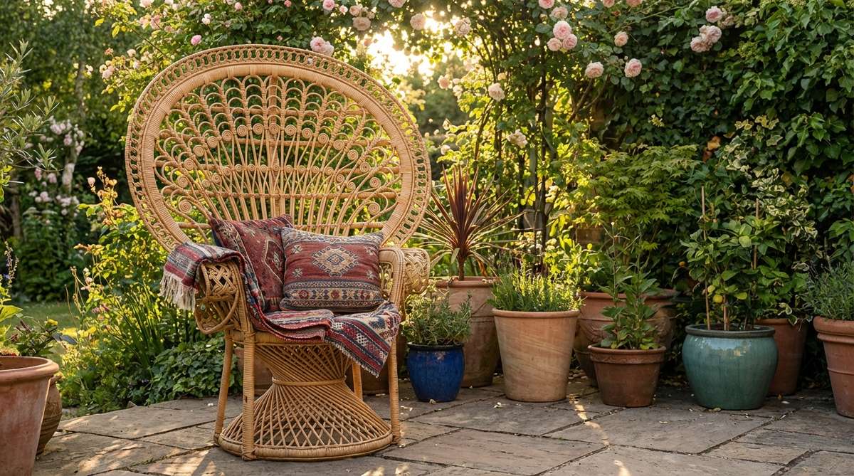A classic peacock chair with a high-back fan-shaped woven rattan design, positioned as a focal point in a boho garden. The natural rattan fibers create intricate patterns that catch the afternoon light, complemented by colorful textiles and cushions. The chair provides comfortable support and privacy screening against climbing vines and planters.