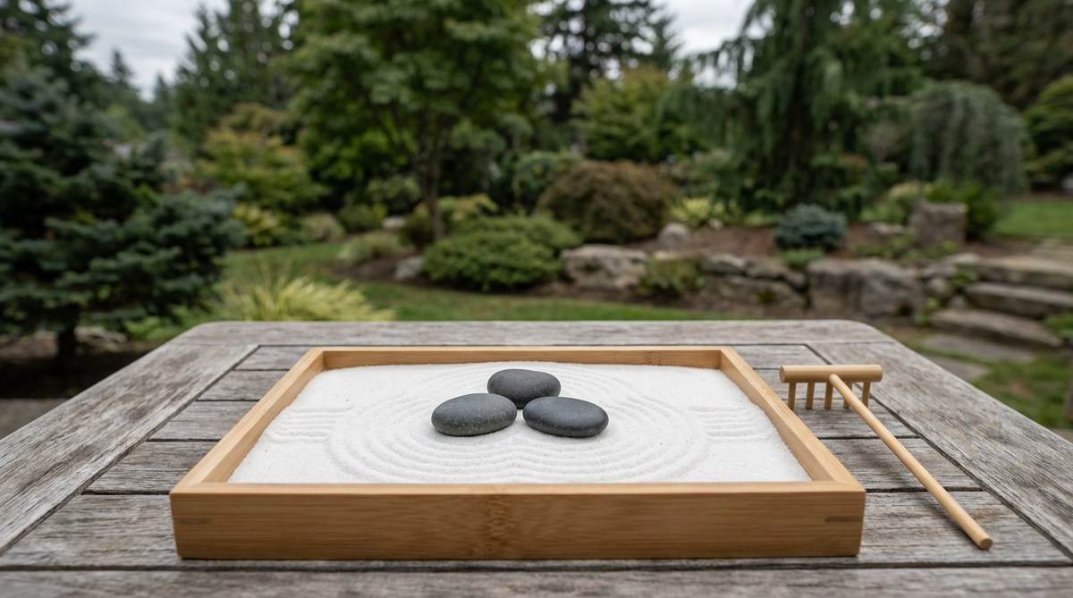 A rectangular mini zen garden featuring a natural bamboo tray measuring 10x7 inches, filled with pristine white silica sand. Three river stones are arranged in a triangular pattern following sacred geometry principles from Ryoan-ji temple. The set includes a bamboo rake with eight fine tines for creating traditional wave patterns in the sand. Ideal for mindfulness practice and reducing workplace anxiety.