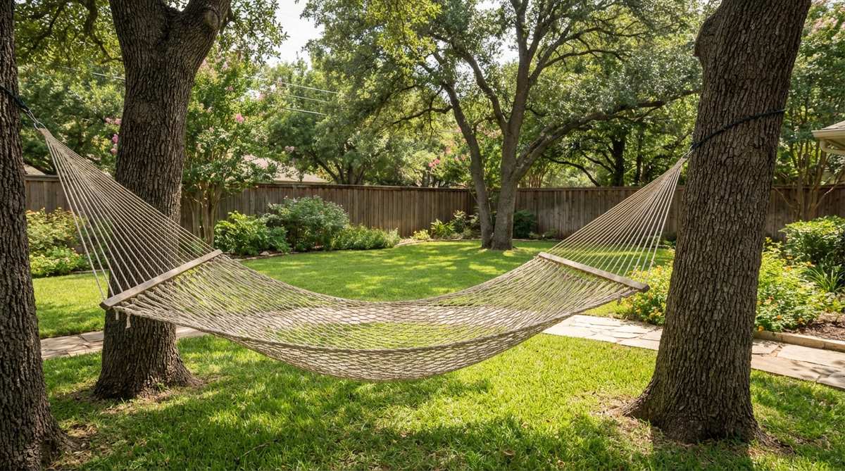 A traditional rope hammock woven from cotton or polyester, stretched between two trees in a garden, providing a breathable and comfortable lounging option for warm summer days.