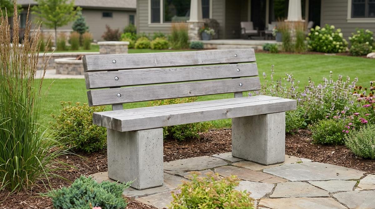 A modern garden bench featuring two 10-inch square concrete legs supporting three 2x6 cedar planks. The bench stands at standard dining height with concrete legs measuring 16 inches high, secured with anchor bolts and a stretcher bolt for stability. The red cedar top naturally resists rot and weathers to a silvery gray over time.