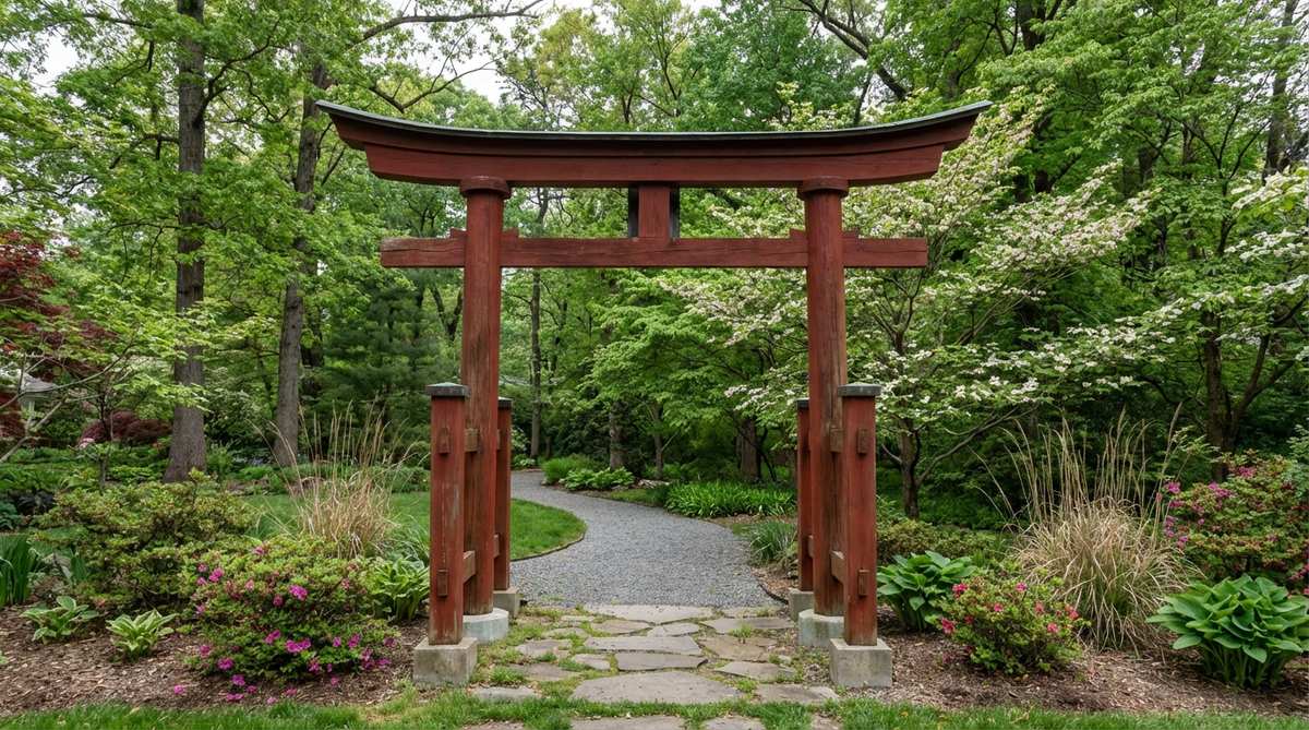 A traditional Japanese torii gate painted in bright vermilion red, featuring the characteristic curved kasagi top beam and shimagi crosspiece. Made from cedar or cypress wood with red oxide stain that deepens over time, this iconic gate stands at a garden entrance with ceremonial significance. The structure shows traditional construction details including steam-bent curved elements and concrete footings for stability.