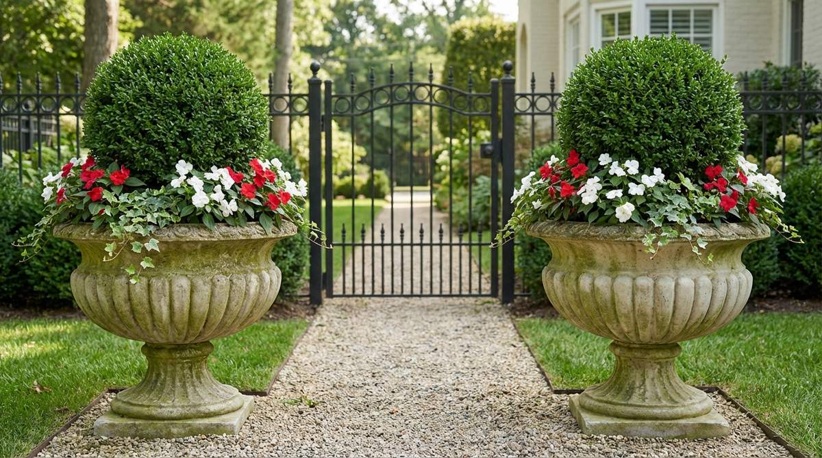 A pair of classical urn planters flanking a formal garden entrance, showcasing symmetrical proportions and fluted Greco-Roman architectural detailing. The reconstituted stone vessels are planted with boxwood topiary and seasonal annuals, developing natural moss growth in shaded areas. These heavy planters provide stable garden ornamentation for pathways and doorways without requiring drainage holes.