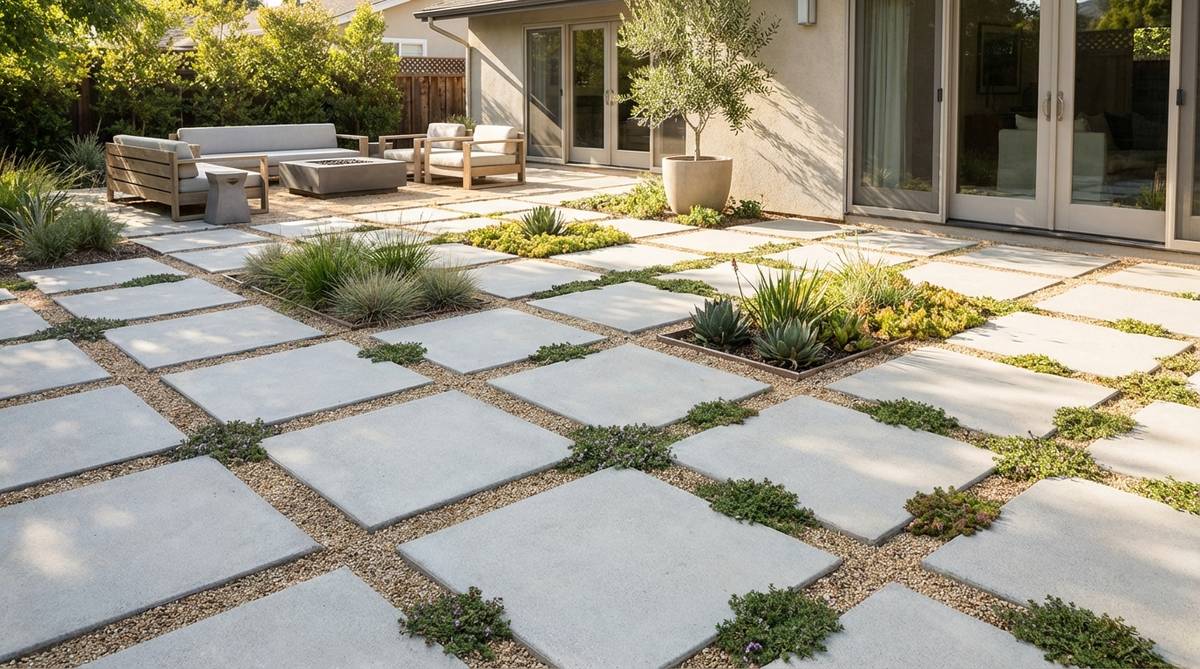 Large-format concrete pavers arranged in a grid pattern with consistent gaps filled with decomposed granite or low groundcovers, creating a quintessential mid-century modern garden floor plane with crisp geometry and strategic planting pockets.