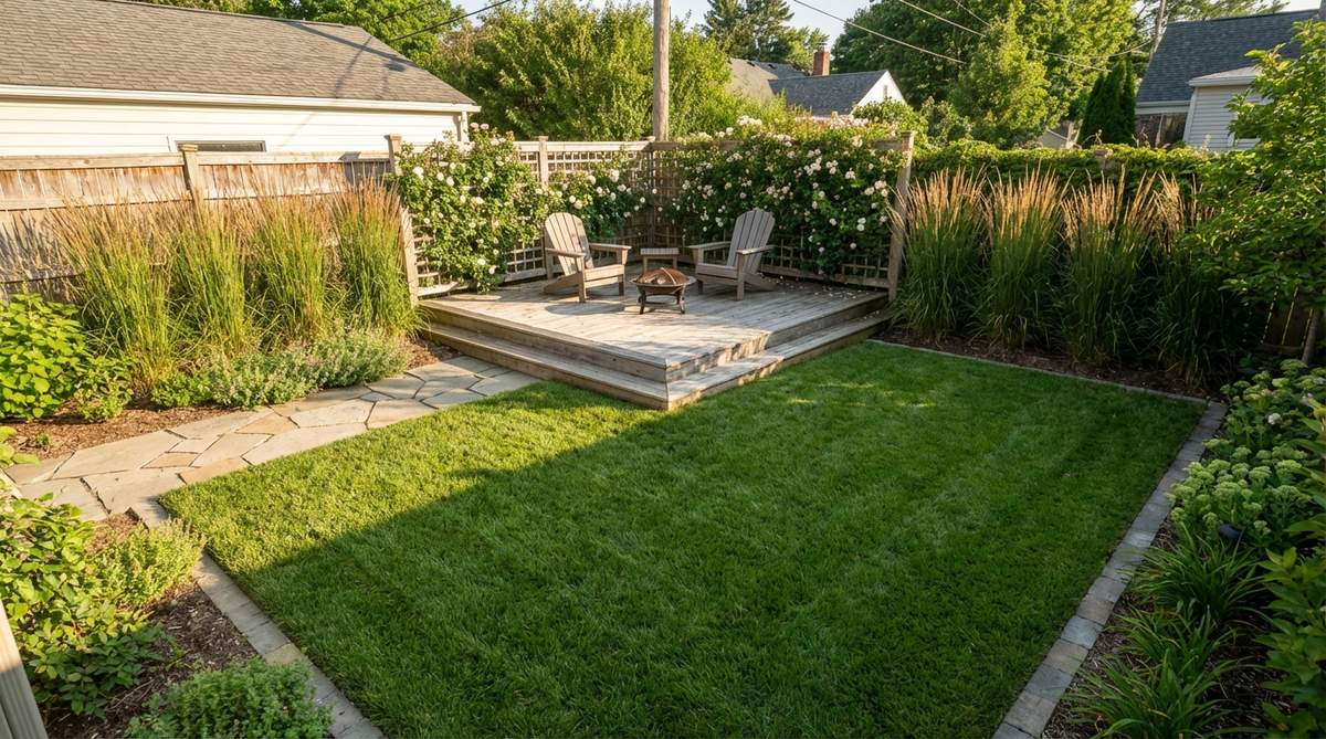A corner platform deck positioned at the far end of a small rectangular garden, creating a destination seating zone. The deck is installed at ground level or slightly raised, framed with vertical planting or a low trellis to enhance the enclosed feeling while keeping the central lawn open.