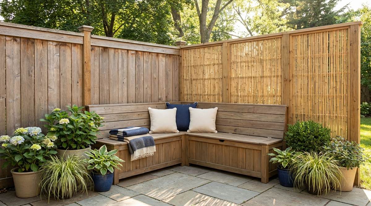 A cozy garden corner with a bench tucked into the intersection of two fence lines, featuring bamboo screens or lattice panels for enclosure and airflow, ideal for south-facing spots that capture solar heat, with a weatherproof storage bench for cushions and blankets.