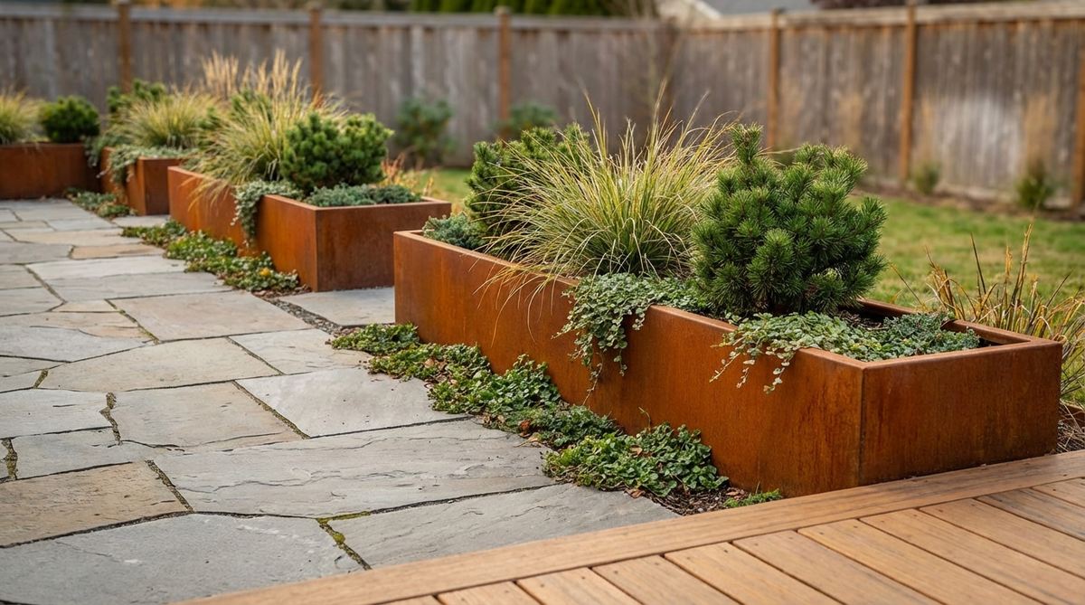 A contemporary garden bed featuring corten steel linear planters with a rust patina, positioned along property lines or deck perimeters. The warm orange-brown finish complements evergreen foliage and contrasts with gray stone paving, suitable for rooftop gardens and tolerant of freeze-thaw cycles in USDA zones 3 through 10.