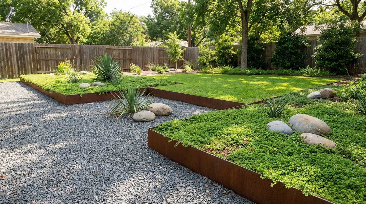 A minimalist garden featuring corten steel straight-line borders with their characteristic rust patina, contrasting against gray gravel and lush green groundcovers. The vertical steel strips stand 4-8 inches above grade, creating sharp geometric lines for lawn edging or containing decomposed granite pathways.