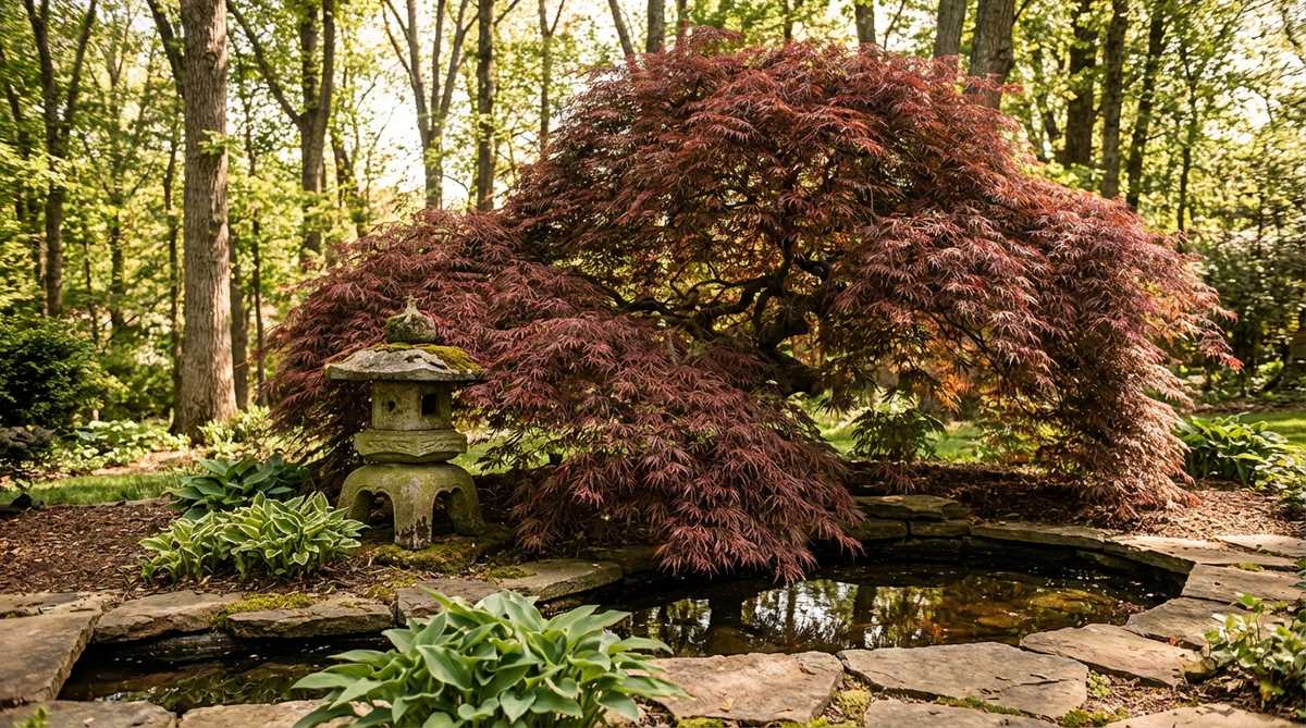 A close-up view of a Crimson Queen Maple tree, showcasing its deeply cut, lacey crimson-red leaves and weeping branches cascading gracefully to the ground. The tree is positioned near a water feature or stone lantern, highlighting its role as a focal point in a Japanese garden setting, with partial shade to prevent leaf scorch.