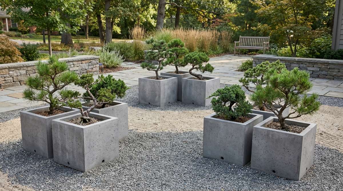 A modern Zen garden featuring square concrete planters, each housing a miniature bonsai tree. The sharp edges of the 12-inch cubes contrast with the organic, pruned branches, arranged in asymmetric groupings to mimic traditional stone triads. High-grade concrete with integrated drainage ensures stability and reduces visual clutter, highlighting the sculptural silhouettes of the bonsai specimens.