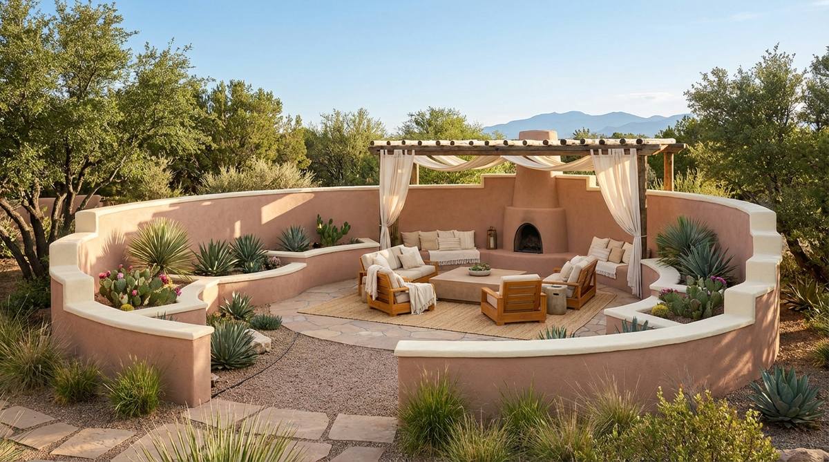 A serene living room featuring soft terracotta accent walls with creamy ivory trim, inspired by Southwest architecture. The space includes light tan jute rugs, honey-toned wooden furniture, and layered ivory textiles, all bathed in natural light that enhances the warm earthy palette.