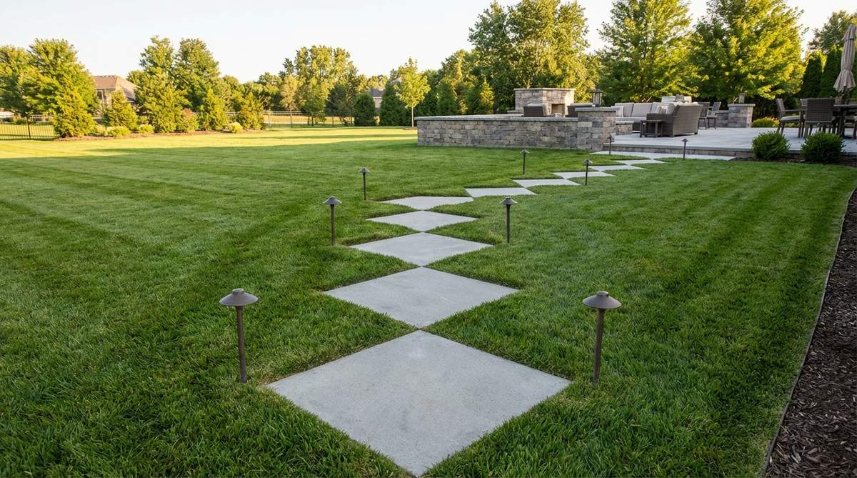 Large square concrete pavers rotated 45 degrees create dynamic visual movement across open lawn areas. The diamond orientation draws the eye forward while maintaining clean, modern lines. Cut precise squares into the turf, excavate 4-6 inches deep, and establish a sand base before setting pavers level with grass height. This method ensures your mower glides smoothly over the surface. The angular placement makes standard materials feel contemporary and unexpected. Pair with low-profile landscape lighting along the path edge for evening navigation.