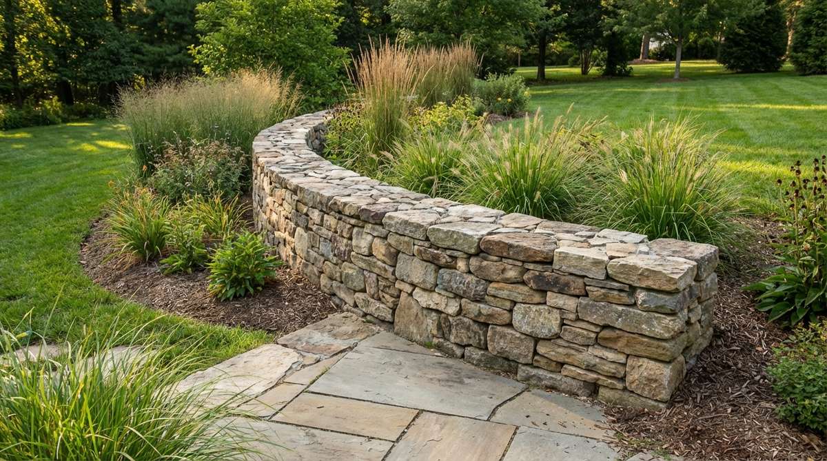 A natural dry-stacked fieldstone retaining wall under 30 inches tall, featuring irregular stones fitted together without mortar to create organic texture and allow water drainage, ideal for small garden applications.
