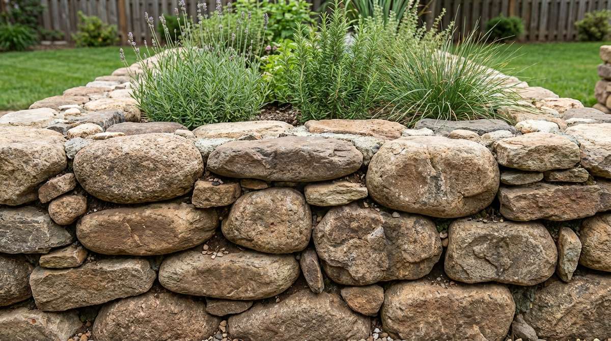 A close-up view of a dry-stacked fieldstone wall forming a raised garden bed, showing rounded stones interlocking without mortar. The natural drainage channels between stones are visible, demonstrating the traditional construction method ideal for moisture-sensitive plants.