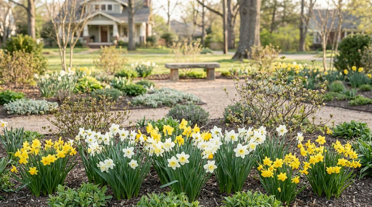 A close-up photograph of dwarf daffodils (Narcissus varieties like 'Tete-a-Tete' and 'Jetfire') blooming in early spring. These miniature flowers stand 6-10 inches tall with vibrant yellow and white petals, clustered in groups of 7-15 bulbs for visual impact. They are planted at the front of a garden border, ideal for small gardens where space is limited. The image shows their compact growth habit and how they naturalize to create expanding drifts year after year.