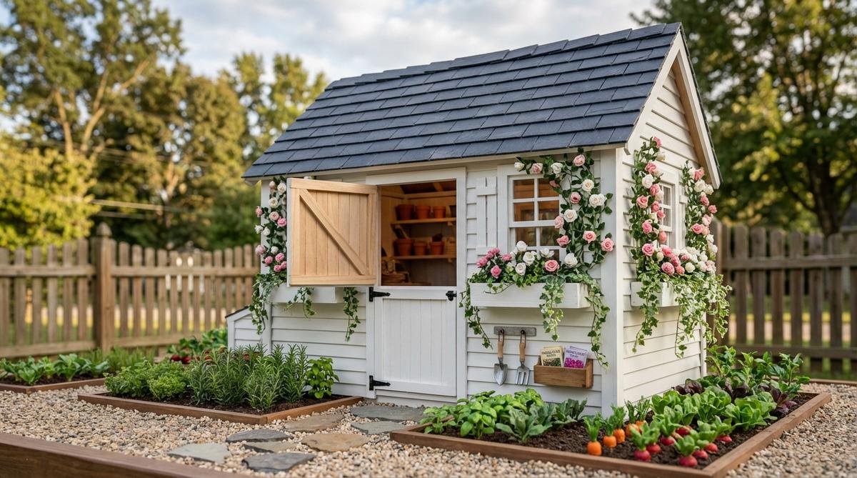 A miniature English garden potting shed with white-painted walls, slate-gray roof shingles, and open Dutch doors revealing tiny terracotta pots on shelves. Window boxes feature sculpted climbing roses and ivy cascading down exterior walls, positioned near herb gardens or vegetable patches for a functional aesthetic. Ideal for 1:12 or 1:24 scale gardens, it includes details like hanging tools and seed packets, placed on a gravel base with a stepping-stone path.