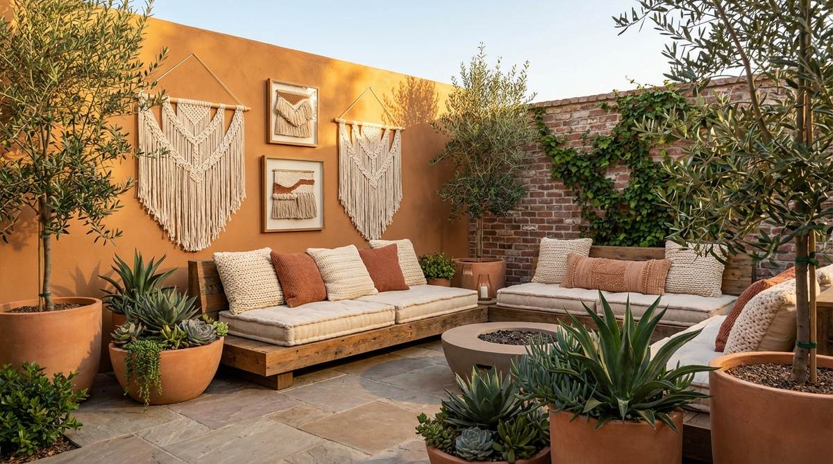 A warm terracotta accent wall complements exposed brick in an industrial boho living space, featuring woven wall art, macrame pieces, and low-profile seating with textured cushions to create an intimate conversation area.