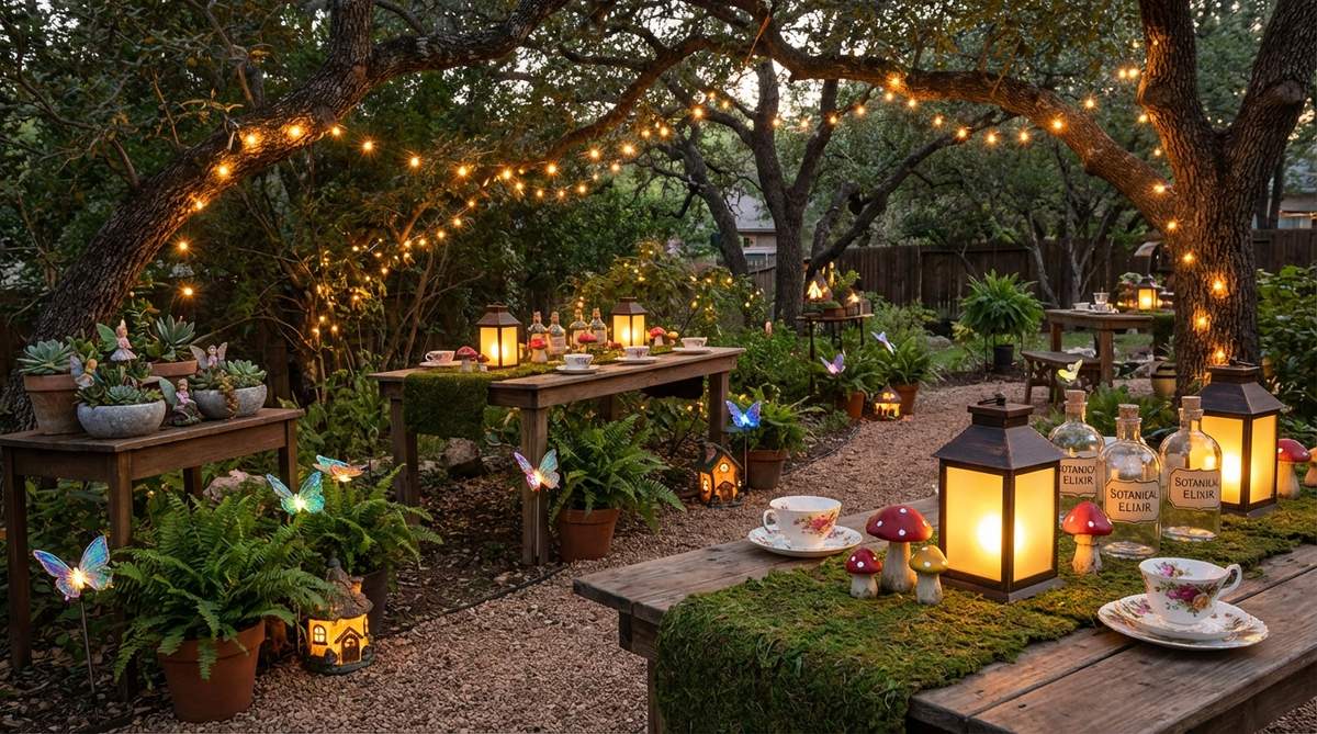 A magical mini garden party scene featuring twinkling string lights woven through branches, battery-operated LED lanterns, miniature toadstool ornaments, moss table runners, illuminated fairy houses along pathways, iridescent butterfly stakes among potted ferns, vintage teacups and glass bottles with botanical labels for refreshments, and take-home succulent planters with miniature fairy figurines, all designed for a twilight gathering with ambient lighting to enhance the woodland mythology and storybook aesthetic.