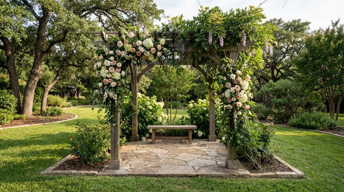 A romantic floral archway decorated with seasonal flowers and lush greenery, creating a beautiful frame for garden wedding ceremonies. The structure features varying bloom sizes and trailing vines that catch light and breeze, blending seamlessly into garden surroundings while providing concentrated color at the altar.
