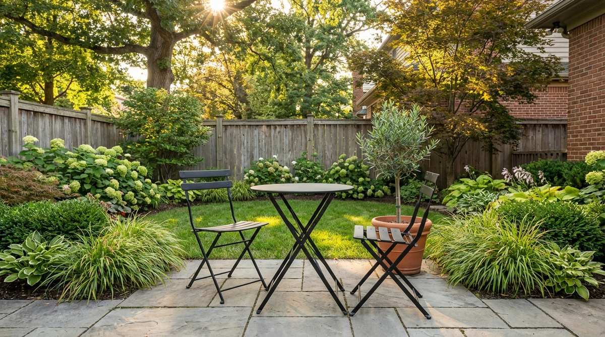 A classic two-seater folding bistro set featuring a round table and two folding chairs with metal frames and powder-coated finishes, ideal for small gardens or balconies. The set can be folded flat for easy storage, making it perfect for renters or seasonal use.