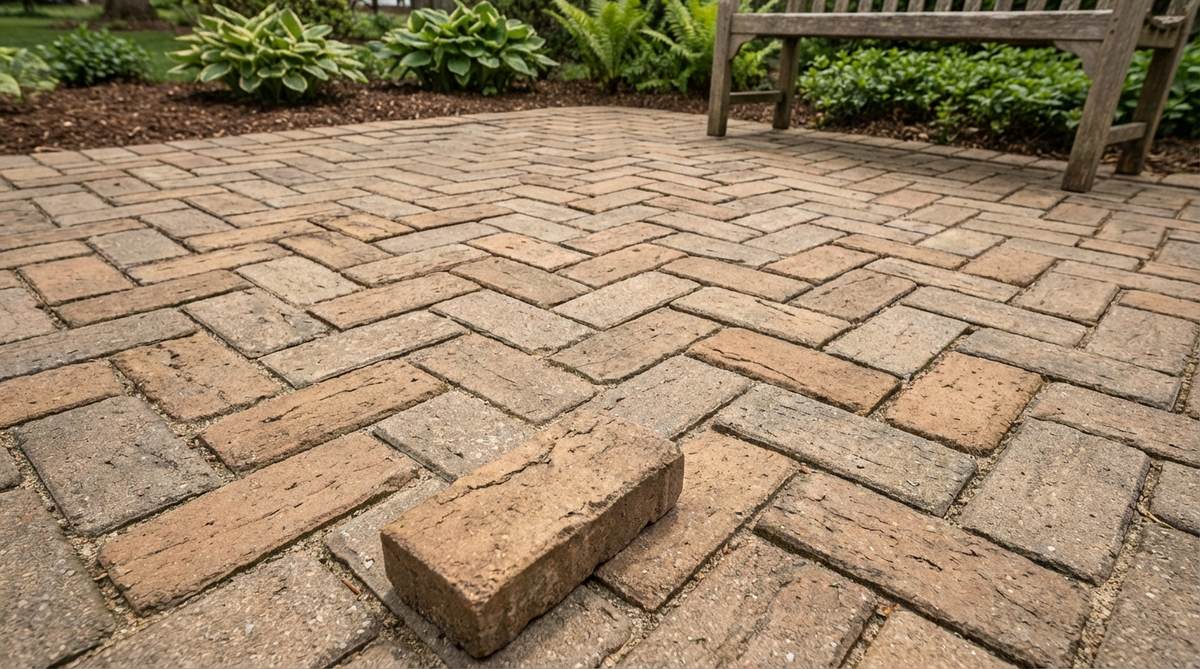 A close-up photo of rectangular pavers arranged in a 45-degree herringbone pattern on a small garden patio, showcasing the V-shaped zigzag design that enhances structural integrity and visually expands narrow spaces.