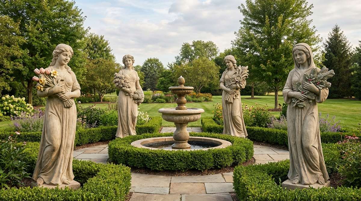 Four carved female statues representing spring, summer, autumn, and winter, each with distinct facial expressions and seasonal bouquets. Ideal for garden decor, placed around a fountain or along borders, made of durable cast stone, approximately 48-50 inches tall.