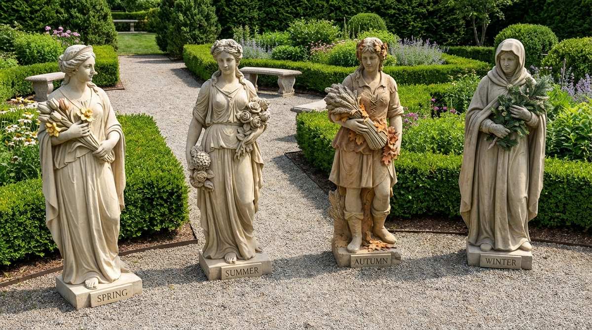 A cast stone statue set depicting Spring, Summer, Autumn, and Winter, positioned along a garden pathway. Each figure holds seasonal bouquets and wears period clothing, with detailed carving visible from multiple angles. The statues create a narrative sequence and provide year-round visual interest in formal garden layouts.
