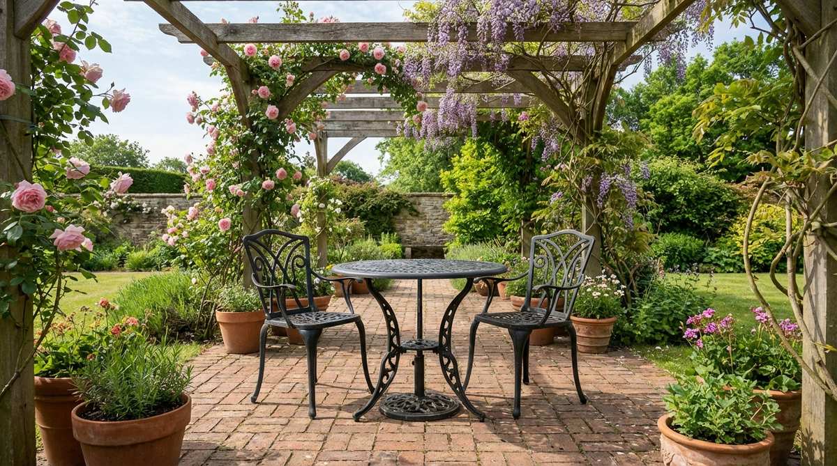 A vintage wrought iron bistro dining set with scrollwork details and a pedestal base, evoking the romantic ambiance of Parisian sidewalk cafés. Perfect for creating an intimate dining spot in a garden setting, ideal for morning coffee or evening wine. Positioned on a brick patio beneath climbing roses or wisteria, with a bronze or matte black finish that develops a patina over time to enhance the European courtyard aesthetic.