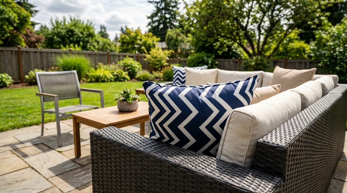 A geometric chevron pattern outdoor pillow featuring sharp zigzag designs in high-contrast navy and white colors. This durable UV-resistant polyester pillow creates movement across neutral furniture and works well with both modern metal frames and traditional wicker pieces. Perfect for sectionals as the outermost pillow for maximum visual impact.