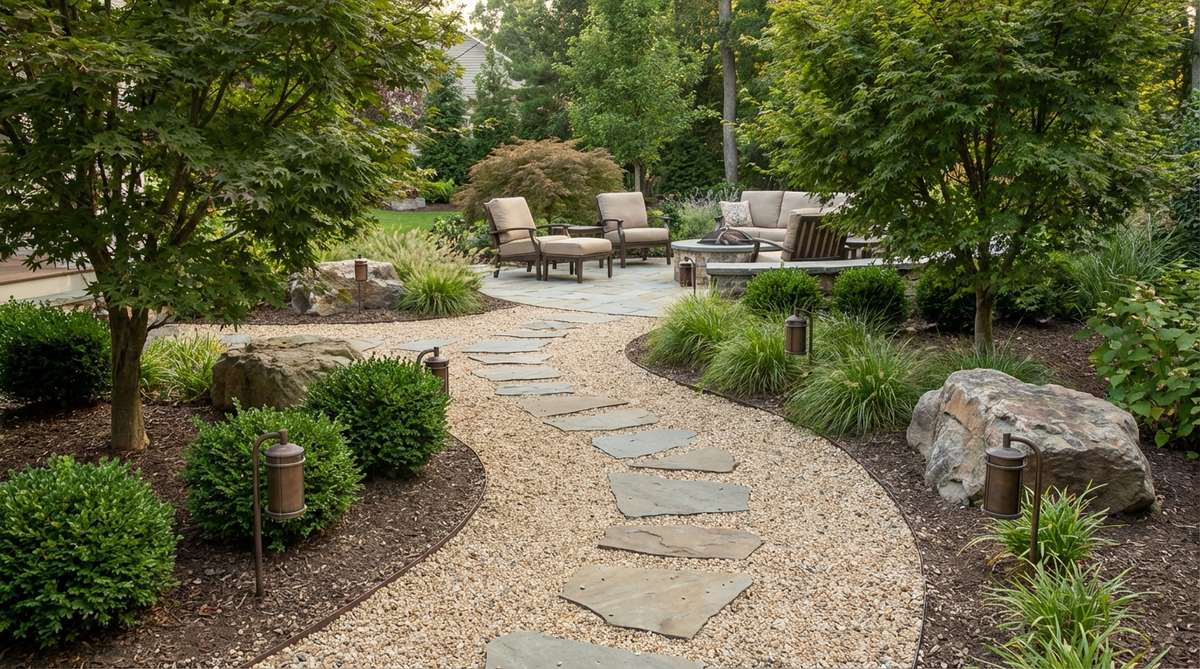 A serene gravel path with stepping stones and low lanterns, designed for a Zen garden entry to promote walking meditation and relaxation.